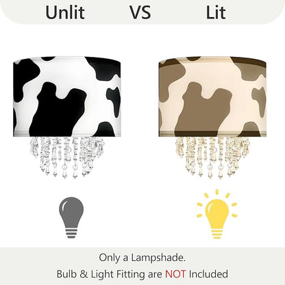Black White Cow Print Lamp Shade with Acrylic Bead Droplets, Animal Drum Fabric Light Shade for Pendant Table & Floor Lamp, Cute Party Room Decor for Grandchild Kids Teens, 11.8in