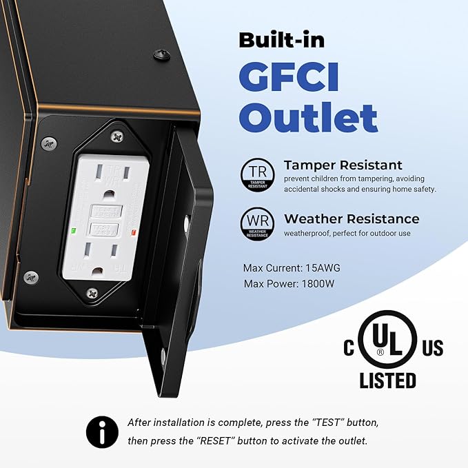 Exterior Lighting Fixtures with GFCI Outlet, Modern Black Outdoor Wall Light Fixture with Gold Trim, Dusk to Dawn Outside Lights for House, Garage, Garden, Porch, Hardwired, Easy-to-Install