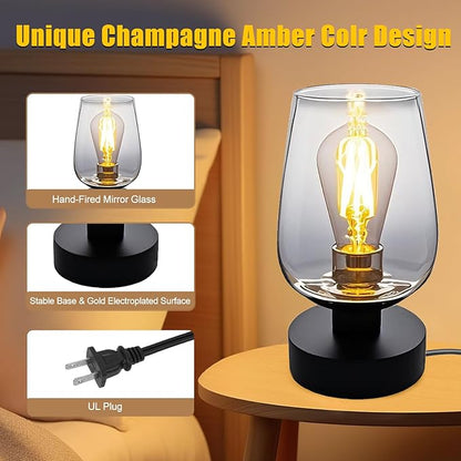 INVGOOD 3 Way Dimmable Touch Bedside Table Lamp, Black Glass Small Desk Lamp with Three Charging Ports for Bedroom Living Room Nightstand, 800LM LED Warm White Bulb Included