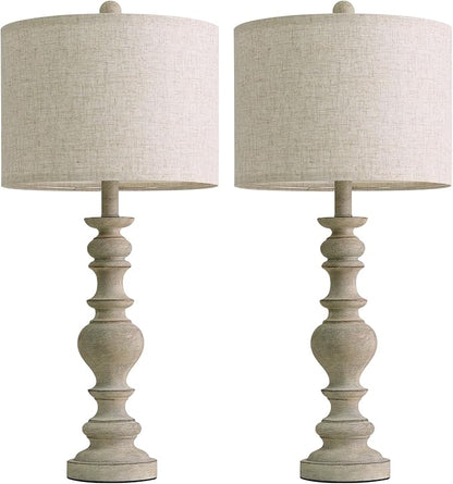 BOBOMOMO 27" Antique Gray Table Lamps Set of 2, Large Farmhouse Resin Lamps with Linen Shades, Vintage Gray Lamps for Living Room, Bedroom, or Console Table Rustic Traditional Décor