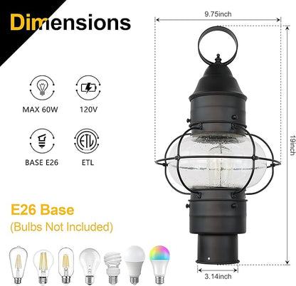 Kalium Outdoor Post Light Hard Wired, Matte Black Lamp Post Light Fixture with Seeded Glass,19" Waterproof Outside Column Lantern for Yard Driveway Patio Garden Walkway Landscape E26 Base Max 60