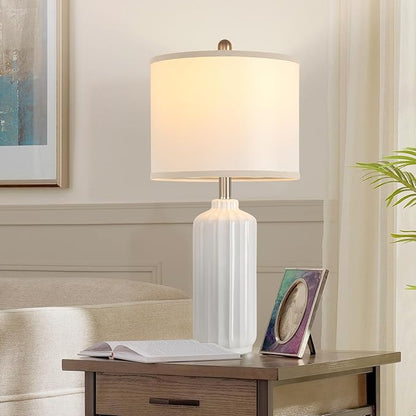 Lamp for Living Room Bedroom Lamps Farmhouse Table Lamps Set of 2 Vertical Stripe Ceramic Table Lamp,Linen Shade with Bulb, 25 in High, White