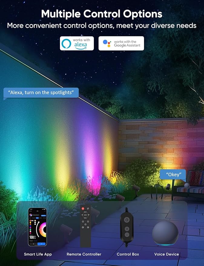 APPECK Smart Outdoor Spot Lights 24W, RGBCW Color Changing Landscape Lights 4 Pack, IP65 Waterproof Low Voltage Landscape Lighting, App/Voice/Remote Control, for Garden Yard Pathway Holiday Decor