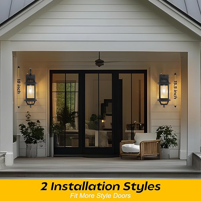 Dusk to Dawn Outdoor Porch Lights, Large Outside Modern Wall Light Fixtures 18" Black, 2-Pack Exterior Dawn Till Dusk Wall Sconces for Outside House Porch Patio ETL Listed