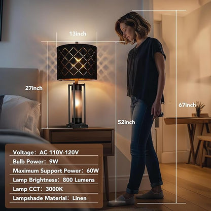 Modern Table Lamp Set of 2, Nightstand Lamps with Black Grid Shade, Bedside Lamps with USB A+C Charging Ports, Decorative Table Lamp, Square Base, Desk Lamps for Living Room, Bedroom, 2 Bulbs Included