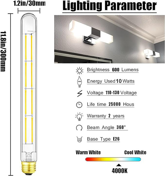 XININSUN T300 Led Bulb, 11.8 Inch Long Tubular Led Light Bulbs, 100Watt Equivalent, 1000lm, Dimmable, Clear Glass, E26 10W T10 LED Edison Tube Lamp Bulb,4 Pack. (10W=100W 4000K)