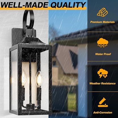 19" Large Outdoor Wall Light - Black Outside Wall Mounted Light Fixture, Exterior Farmhouse Wall Sconce Lantern 2-Light, Modern Porch Lighting Exterior Lamp for House, 2 Pack