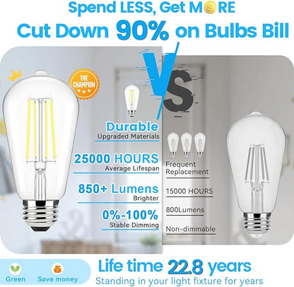 Brightever Vintage LED Edison Bulbs 60 Watt Equivalent, Dimmable 5000K Daylight White Light Bulbs, 7W, 850LM E26 LED Bulb, 90+CRI, ST58 Clear Glass Antique Decor Filament Lightbulbs for Room, 6-Pack