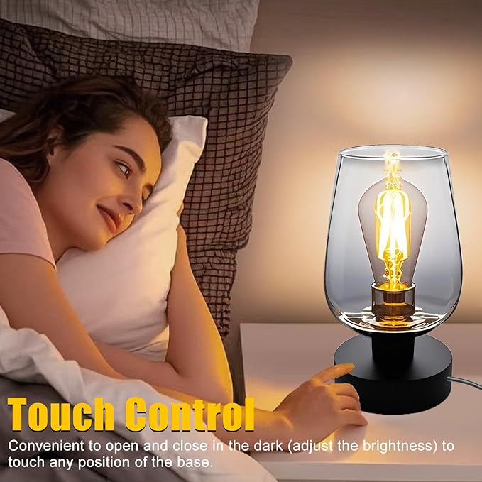 INVGOOD 3 Way Dimmable Touch Bedside Table Lamp, Black Glass Small Desk Lamp with Three Charging Ports for Bedroom Living Room Nightstand, 800LM LED Warm White Bulb Included