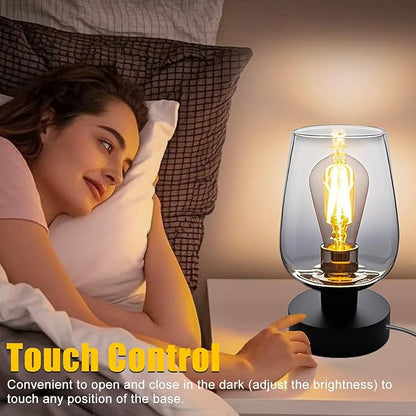 INVGOOD 3 Way Dimmable Touch Bedside Table Lamp, Black Glass Small Desk Lamp with Three Charging Ports for Bedroom Living Room Nightstand, 800LM LED Warm White Bulb Included