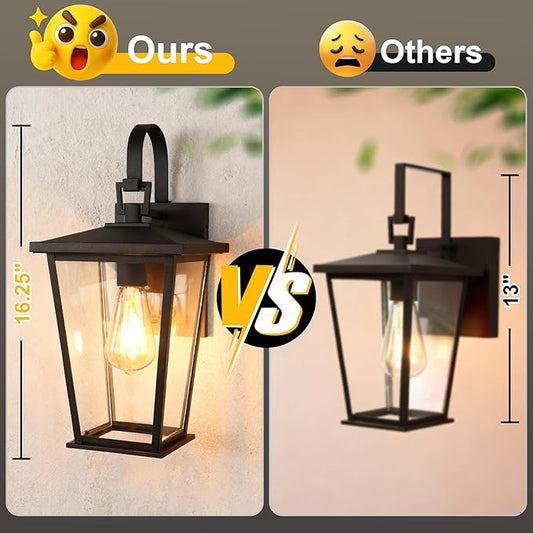 Kalium Outdoor Wall Lights Fixtures Lantern Frame 16 1/8", Outside Lights Black Transitional Durable Metal, Clear Glass for Post Exterior Barn Deck House Porch Yard Patio Garage Garden