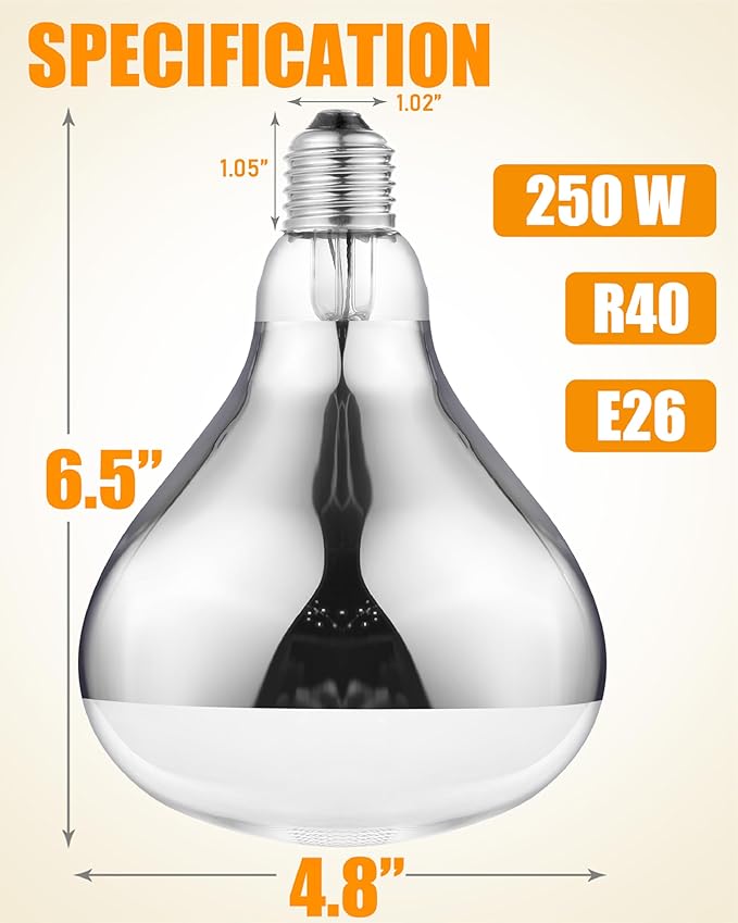 250W Heat Lamp Bulbs, 8000 Hours Rated, R40 Bathroom Shower Incandescent Light Bulb, Infrared Heating for Chickens, Reptiles, Pets, Food, E26 Base, 8 Pack