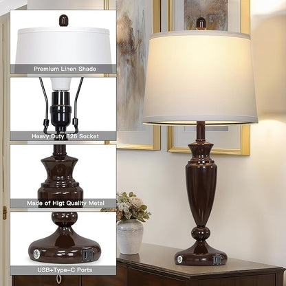 27'' Brown Living Room Lamps Set of 2, 3 Way Touch Control Table Lamps with USB A+C Ports, Modern Bedside Lamps, Elegant Metal Nightstand Lamps for Bedroom Office End Table Decoration