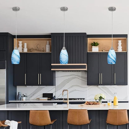 Mini Glass Pendant Light 1-Pack with Handblown Blue Marble Art Oval Glass Lamp Ceiling Hanging Light 4.72" Small Chandelier for Dining Room Kitchen Foyer Hallway