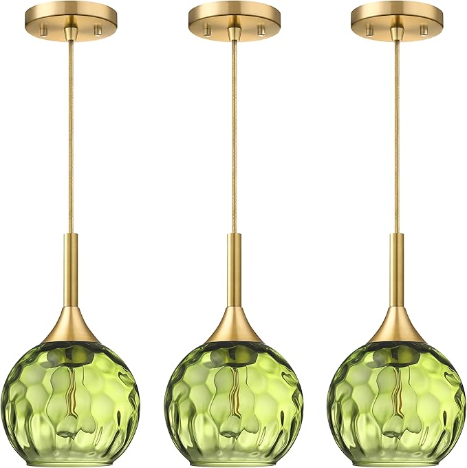 6.3" Dark Green Hammer Glass Pendant Light 3 Pack Pendant Ceiling Light Fixture Gold Finish Modern Farmhouse Dinning Over Sink Adjustable Height Cord