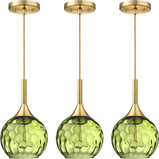 6.3" Dark Green Hammer Glass Pendant Light 3 Pack Pendant Ceiling Light Fixture Gold Finish Modern Farmhouse Dinning Over Sink Adjustable Height Cord