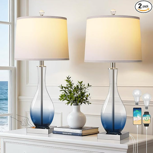 WIHTU 27" Navy Blue Bedside Desk Lamps for Nightstand Decorations, Table Lamps Set of 2 with Touch Control, 3-Way Dimmable Modern Glass Table lamp with USB C and A Charging Ports (LED Bulbs Included)