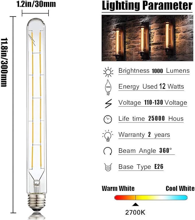 Leools LED Tube Bulbs,T10 Tubular Edison Style LED Filament Bulb, 12W Dimmable Antique LED Bulb,E26 Base,Clear Glass,Warm White,2700K,1000LM(75-100W Equivalent),11.8inch,Pack of 4