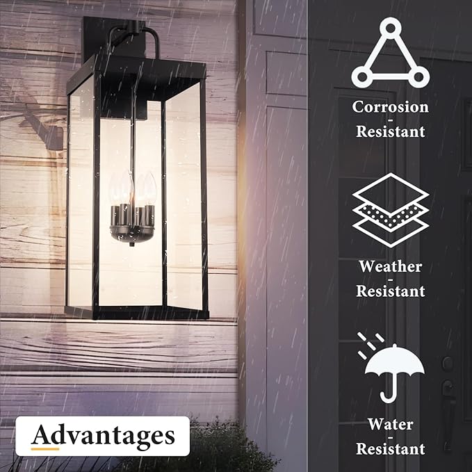 Dusk to Dawn Outdoor Wall Sconce Light, 28 Inch Tall Transitional Exterior Wall Lighting with Clear Glass, Anti-Rust Powder Coat Black Modern Outside Wall Lantern for Front Porch, DDRZ008XL BK