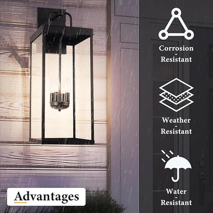 Dusk to Dawn Outdoor Wall Sconce Light, 28 Inch Tall Transitional Exterior Wall Lighting with Clear Glass, Anti-Rust Powder Coat Black Modern Outside Wall Lantern for Front Porch, DDRZ008XL BK