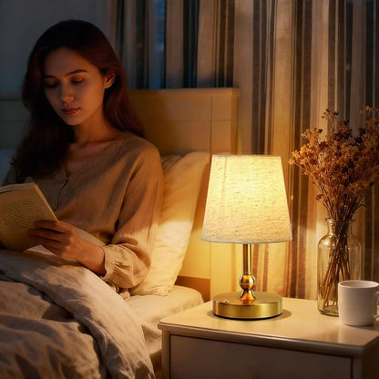 Cordless LED Table Lamp with Dimmer - 5200mAh Rechargeable Battery Operated Lamp Included 2700K Bulb, Gold Portable Stepless Touch Night Light for Bedroom Patio Home (Beige Fabric Shade)
