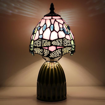 Stained Glass Mushroom Table Lamps 6X6X12.5 Inch Pink Dragonfly Style Small Night Light Ceramic Base Mini Accent Desk Light Suitable for Bedside Table Bedroom Children Room