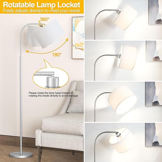 Arc Floor Lamps for Living Room with 3 Color Temperatures, Modern Floor Lamp Reading Light with 9W Bulb Included, Standing Lamp with Adjustable White Hanging Shade for Bedroom Office(Silver)