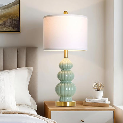 Green Ceramic Lamps Set of 2, 26.5" Modern Table Lamps for Living Room, Classic Bedside Lamp with Triple Gourd, Elegant Bedroom Lamp for Night Stand Desk Side End Table Home Decor