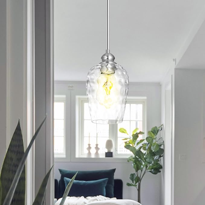 Glass Pendant Lights Kitchen Island, Brushed Nickel Pendant Light Fixtures with Hand-Blown Clear Glass, Modern Hanging Light for Kitchen Sink Dining Room Bedroom, E26 (Clear, 2pack)
