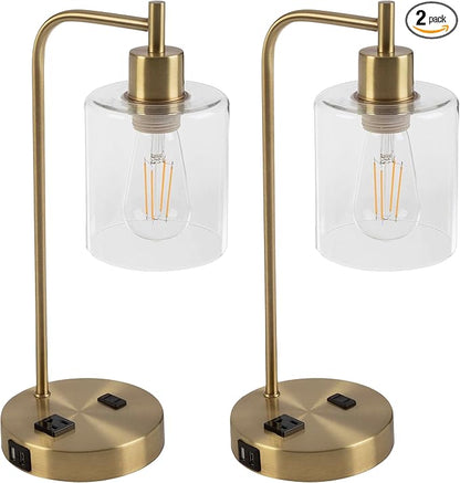 Lavish Home Set of 2 Table Lamps - Industrial Lamps with USB Ports, Touch Control, and Edison Bulb - Living Room, Office, or Bedroom Decor (Gold)