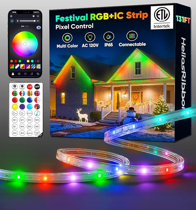 131FT Outdoor LED Strip Lights RGB+IC with Warm&Cool White, ETL Listed Music Sync Light Strip AC 120V, IP65 Waterproof and Connectable, for Party Festival Eave Porch Patio Every Day Decor