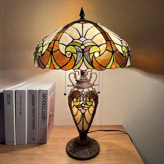 Tiffany Table Lamp Night Light 16" Wide Handmade Stained Glass Lamp Shade 3 Light Amber Cream Victorian Style Vintage Table Lamp for Home and Office