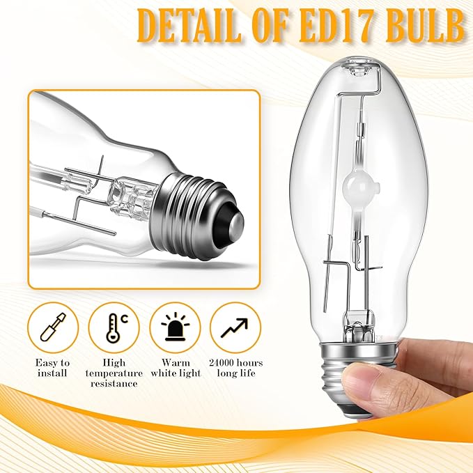 3 Pack Lighting Metal Halide Ed17 Bulb, Medium Base (e26), 24000 Hour Span Life, 6000 Lumen, 4000k, Clear Metal Halide Bulb (70 W)