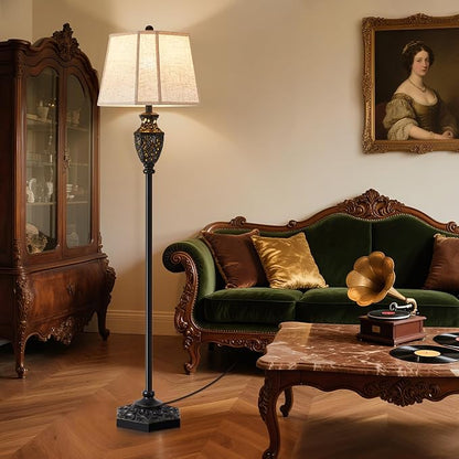 Luvkczc Vintage Black Floor Lamp - Hand-Painted Gold Resin with 6-Sided Carved Hollow Nightlight, Traditional Standing Lamp for Living Room, Bedroom, Study (Bulb Included)