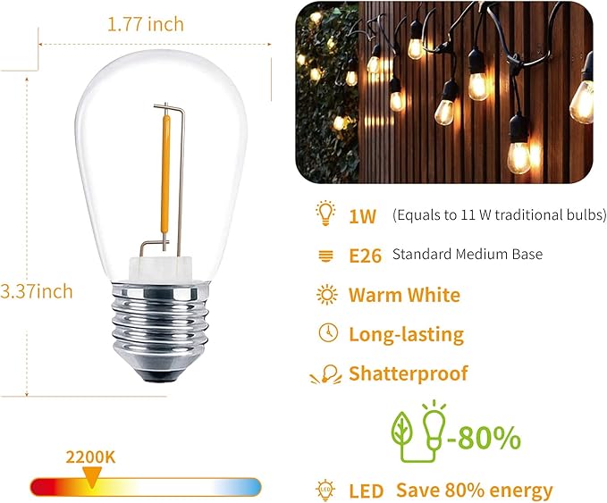 24 Pack LED S14 Replacement Light Bulbs, Shatterproof Waterproof 1W Outdoor String Light Bulbs, E26 Medium Base, 2200K Warm White, 11w Equivalent, Non-Dimmable