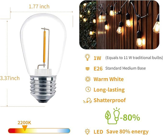 24 Pack LED S14 Replacement Light Bulbs, Shatterproof Waterproof 1W Outdoor String Light Bulbs, E26 Medium Base, 2200K Warm White, 11w Equivalent, Non-Dimmable