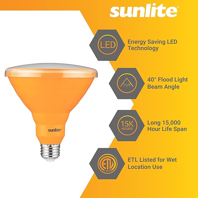 Sunlite 40246 LED PAR38 Colored Recessed Light Bulb, 15 watt (75W Equivalent), Medium (E26) Base, Floodlight, ETL Listed, Amber, 3 Pack