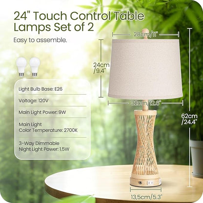 24.4”Farmhouse Rattan Table Lamps Set of 2, Touch Bedside Lamps for Bedroom with Dimmable Night Light, USB A+C Ports, Bamboo Boho Nightstand Lamp with Cream Linen Shade, C04TL05