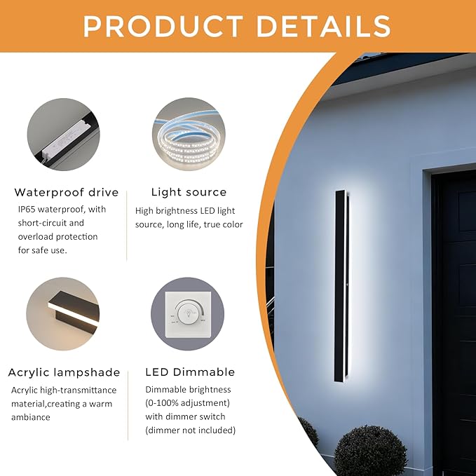 Modern Black Outdoor Wall Lights for House 59.1" Garage Exterior Lighting Fixtures LED IP65 Outdoor Wall Light Dimmable 3000K-6000K Long Strip Anti-Rust Wall Lamp for Patio Passage Porch