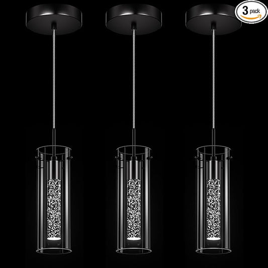 Pendant Ceiling Light Fixture, LED Kitchen Lighting Crystal Pendant Lights Kitchen Island, 1-Light Integrated Kitchen Hanging Light Fixture Modern Island Light with Bubble Glass Three Pack