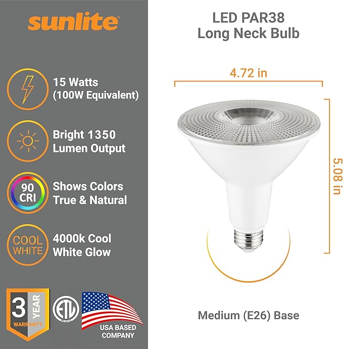 Sunlite 40332 LED PAR38 Long Neck Spotlight Bulb, 15W (100W Halogen EQ), 1350 Lm, 40° Flood Beam, Medium E26 Base, 90 CRI, Waterproof, Dimmable, T20/T24/CEC & ETL Listed, 4000K Cool White, 6 Count