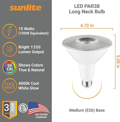Sunlite 40332 LED PAR38 Long Neck Spotlight Bulb, 15W (100W Halogen EQ), 1350 Lm, 40° Flood Beam, Medium E26 Base, 90 CRI, Waterproof, Dimmable, T20/T24/CEC & ETL Listed, 4000K Cool White, 6 Count