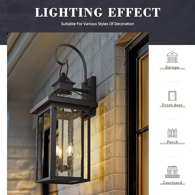 zeyu 3 Light Large Outdoor Wall Sconce, 31.3 Inch Outdoor Porch Sconce Light in Black Finish, Die-Cast Aluminum with Seeded Glass Shade, ZW114BL BK