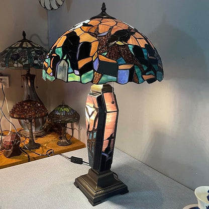 Bieye L10987 Ravens in Spooky Cemetery Tiffany-Style Stained Glass Table Lamp with Coffin Base Night Light - Gothic Graveyard Scene (Dark Orange, 16Wx26H inch)