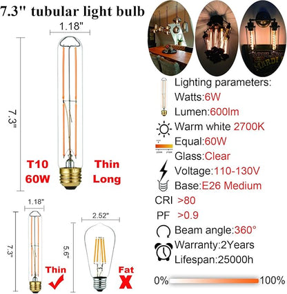 LiteHistory Dimmable E26 Light Bulb 6W Equal 60 watt led Light Bulb AC120V Warm White 2700K Edison 60 Watt 600LM T10 Bulb for Rustic Pendant,Industrial Pipe,Wall sconces,Vanity 6Pack