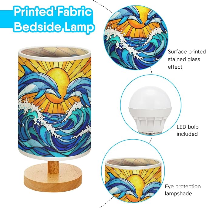 Dolphin Table Lamp LED 3-Color Pressed Bedside, Dolphin Shade Lamp with Wood Base for Bedroom Living Room Desk Office TL01