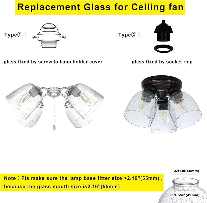 4 Pack Clear Seeded Glass Replacement Shades Covers for Ceiling Fan Light Fixtures Pendant Lighting Chandelier Vanity Light Kitchen Island Light, 2-1/8" Fitter, 5.47" High, 4.76" Diameter