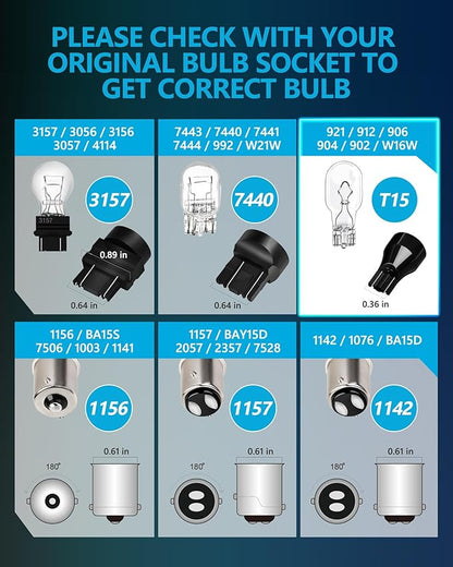 Yorkim 921 LED Bulb 912 Led Reverse Light Super Bright 3014 3030 58-SMD Chipsets Error Free, 921 led backup lights T15 LED Bulb 906 904 902 W16W 921 912 Reverse Lights, 6500K White, Pack of 2