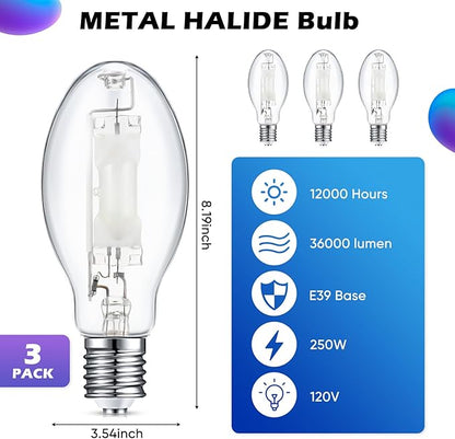 3 Pcs 250 Watt Lighting Metal Halide Lamp MH400/U/MOG 36000 Lumen 4000K Outdoor Light Bulb 12, 000 Hour Span Life Mogul Base (E39) ED28 High Intensity Discharge Metal Halide Bulb(250 Watt)