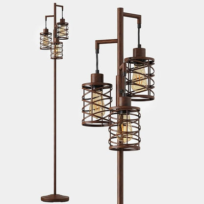 BOBOMOMO 70" Farmhouse Dimmable Floor Lamp, Walnut Brown Industrial Metal Cage Standing Lamp with 3 LED Bulbs, Stepless Dimming Tall Tree Lamp for Living Room, Bedroom, Office, Corner